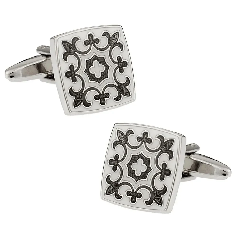 Fleur-de-Lis Scroll Cufflinks – Silver & White Enamel